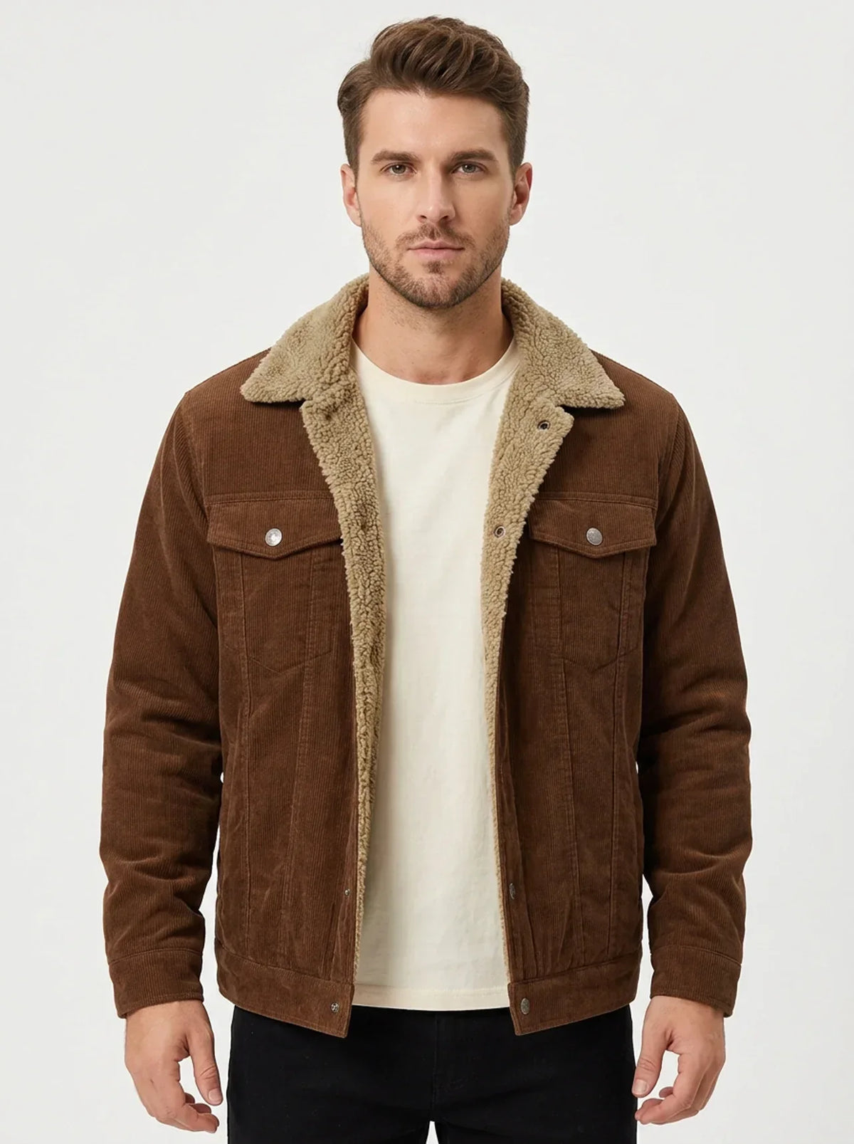 Men's Corduroy Jacket Sherpa-Lined Button-Front Trucker Coat