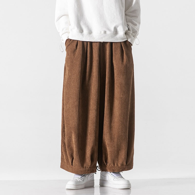 Men's Wide-Leg Corduroy Pants Pleated Baggy Fit Casual Streetwear Pants