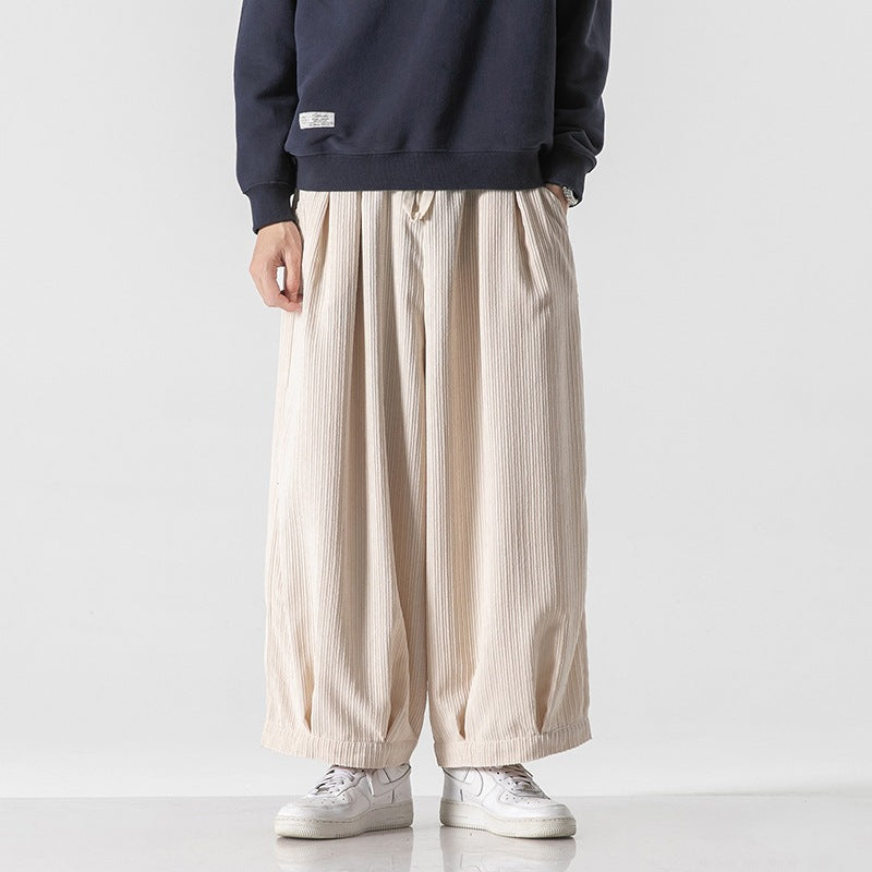 Men's Wide-Leg Corduroy Pants Pleated Baggy Fit Casual Streetwear Pants
