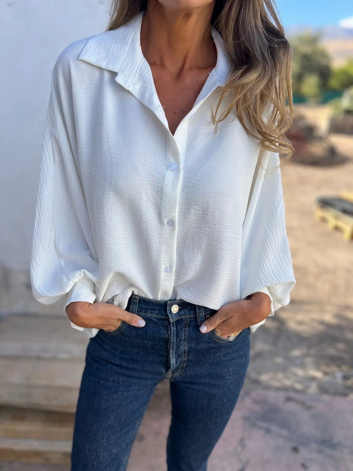 Oversized Button Down Shirt - Long Sleeve Collared Blouse